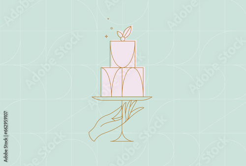 Cake stand with dessert in art deco style holding by hand drawing on turquoise background