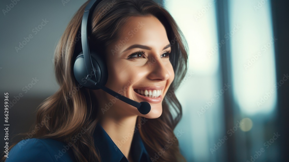 Friendly female customer service talking through headset created with Generative AI Friendly female customer service talking through headset created with Generative AI