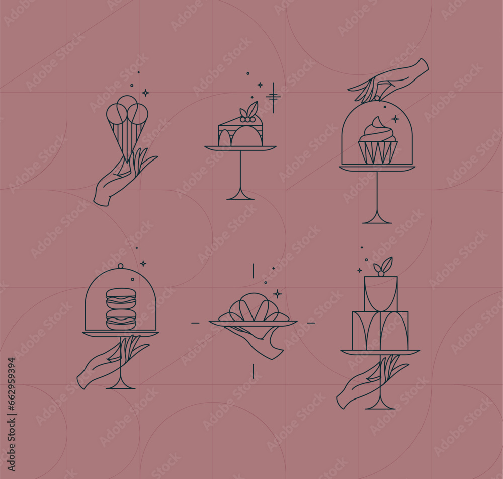 Dessert on cake stand in art deco style holding ice cream, cupcake, macarons, croissant drawing on coral background