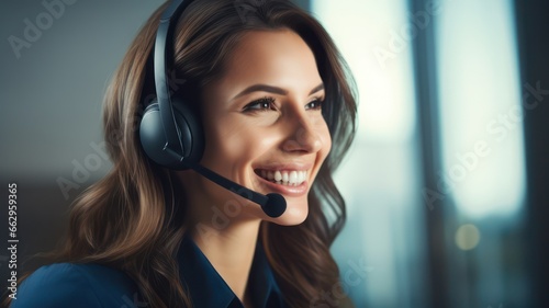 Friendly female customer service talking through headset created with Generative AI