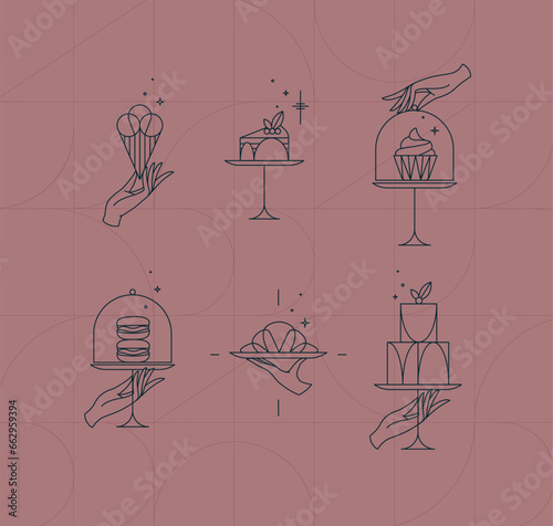 Obraz na płótnie Dessert on cake stand in art deco style holding ice cream, cupcake, macarons, croissant drawing on coral background w salonie