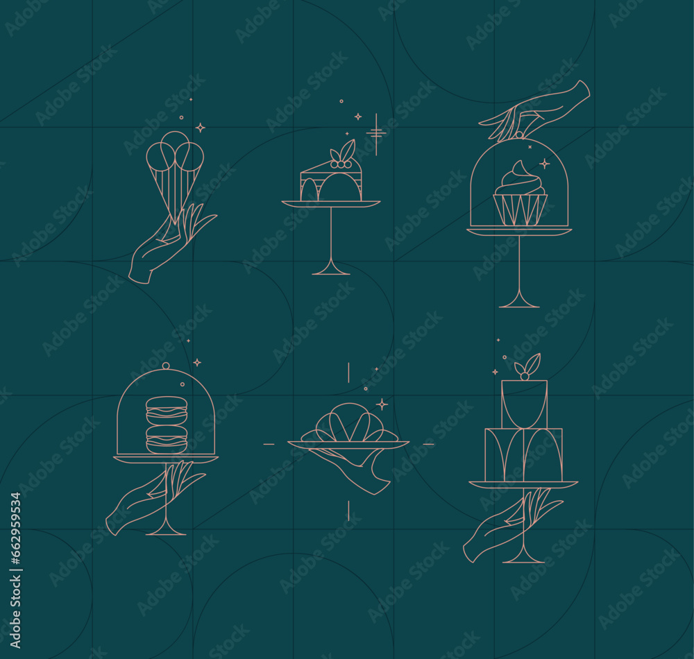Dessert on cake stand in art deco style holding ice cream, cupcake, macarons, croissant drawing on dark turquoise background