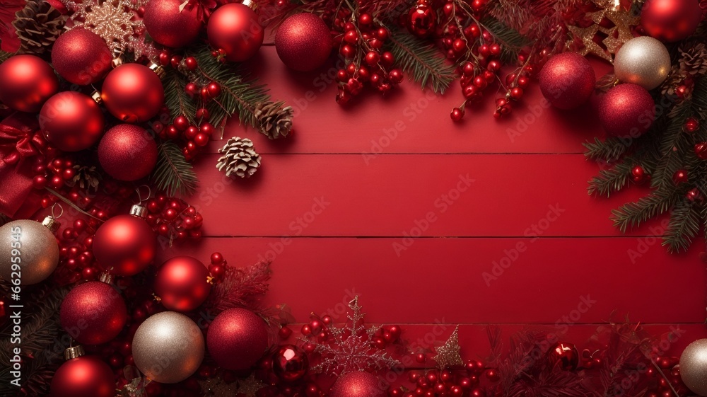 red christmas background with christmas tree and decorations, copy space.
