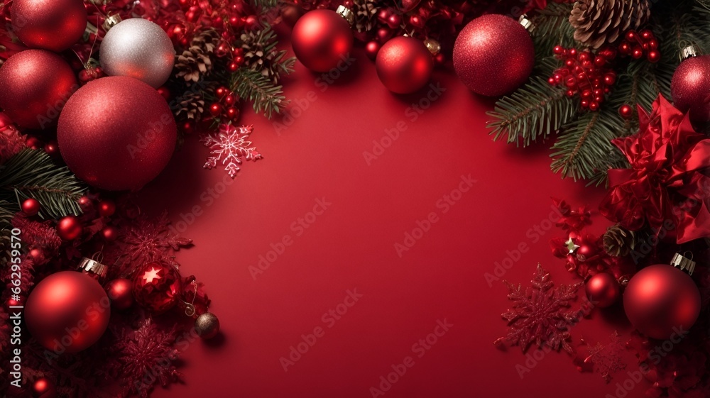 christmas background with christmas tree and balls, copy space.