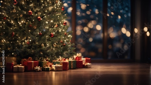 christmas tree with gifts and decorations background, copy space.