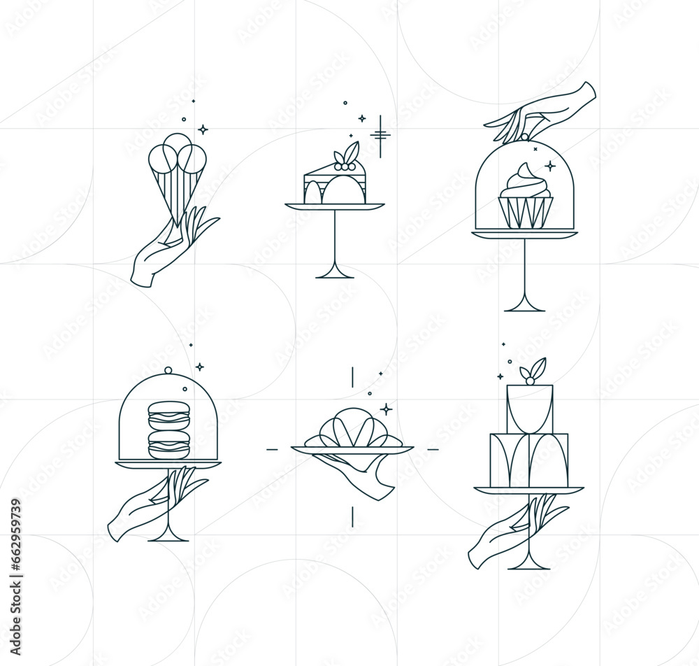 Dessert on cake stand in art deco style holding ice cream, cupcake, macarons, croissant drawing on white background