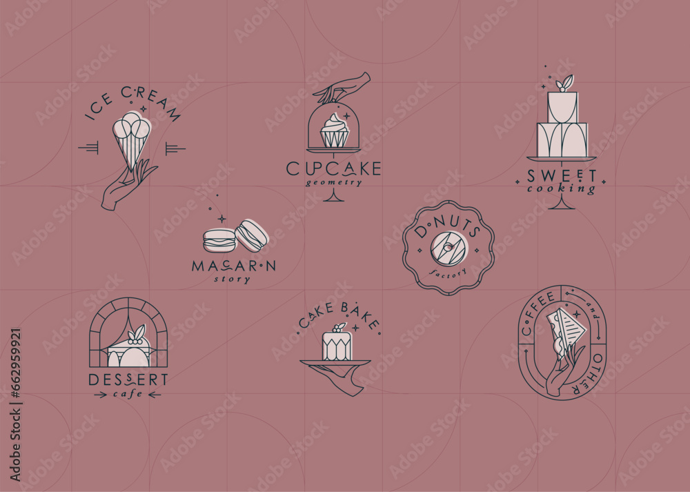 Bakery dessert labels with lettering in art deco style drawing on coral background