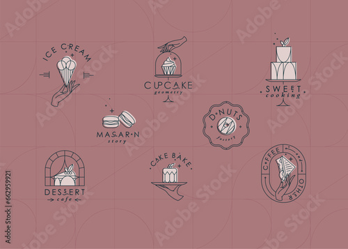 Obraz na płótnie Bakery dessert labels with lettering in art deco style drawing on coral background w salonie