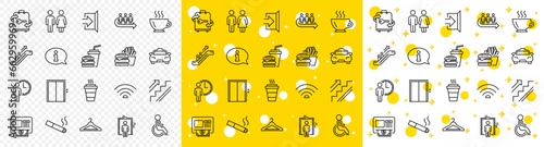 Elevator, Cloakroom and Taxi icons. Public Services, Wifi line icons. Exit, ATM and Escalator. Wifi, Lift or elevator, Restaurant food. Public cloakroom, information, coffee and smoking. Vector
