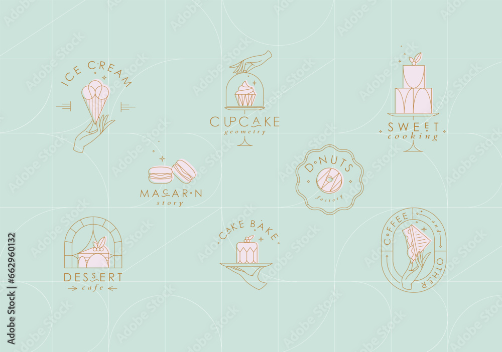 Bakery dessert labels with lettering in art deco style drawing on turquoise background