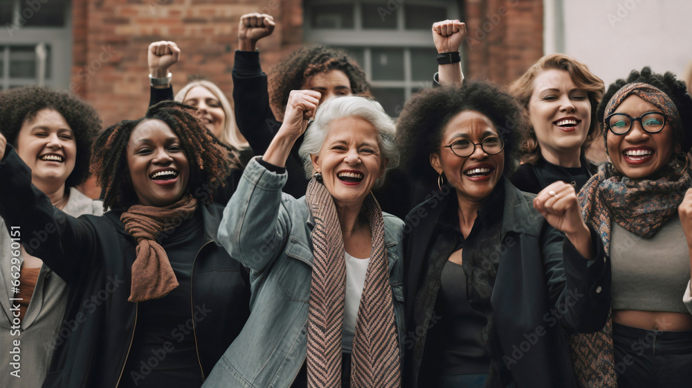 Diverse group of joyful women of different ages and ethnicities raising their fists in unity and celebration. Embodying the spirit of empowerment, togetherness, collective strength, confidence, pride Diverse group of joyful women of different ages and ethnicities raising their fists in unity and celebration. Embodying the spirit of empowerment, togetherness, collective strength, confidence, pride