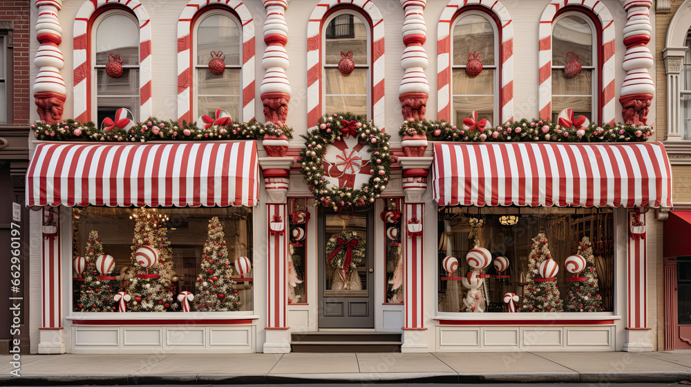 Rows of festively decorated storefronts with oversized candy cane pillars and gumdrop window displays