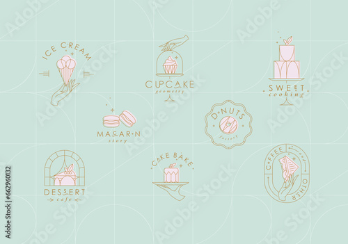 Obraz na płótnie Bakery dessert labels with lettering in art deco style drawing on turquoise background w salonie