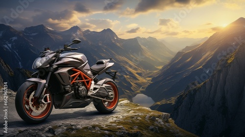 motorcycle on the mountain with dark cloudy sky