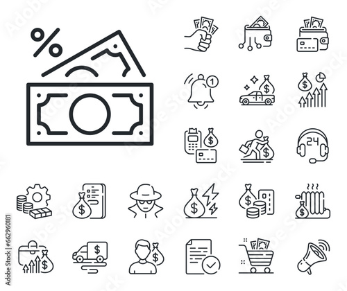 Cash tax rate sign. Cash money, loan and mortgage outline icons. Money tax line icon. Financial interest symbol. Money tax line sign. Credit card, crypto wallet icon. Inflation, job salary. Vector