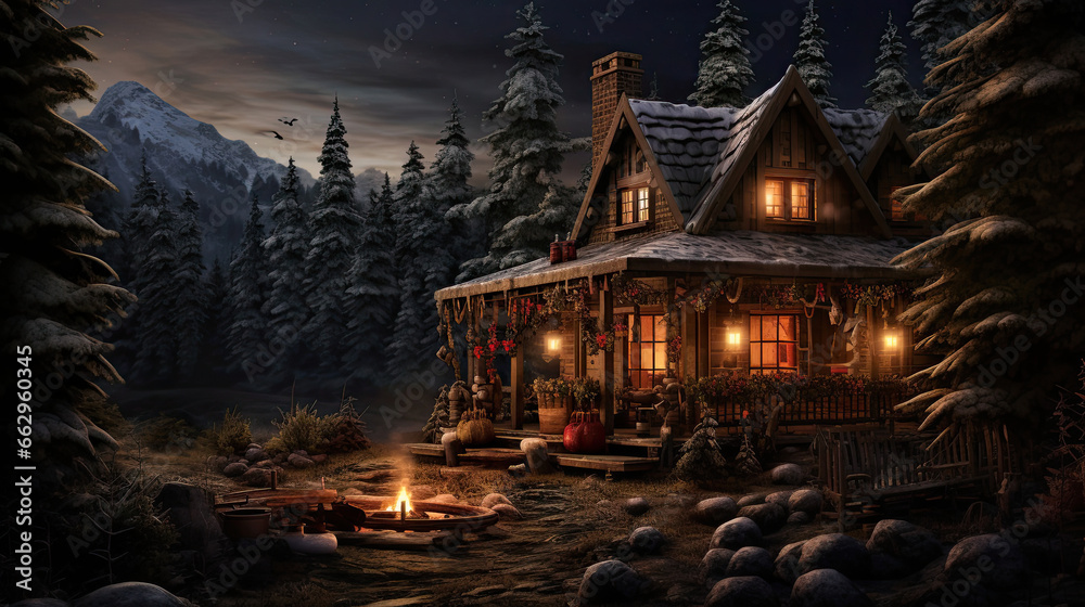 Cozy Cabin in the Woods with Pine Tree Scenery