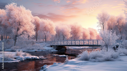 Charming Bridge over Frozen River at Sunset