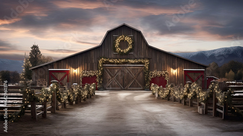 Cozy Barn Scene with Festive Wreaths and Snowy Landscape