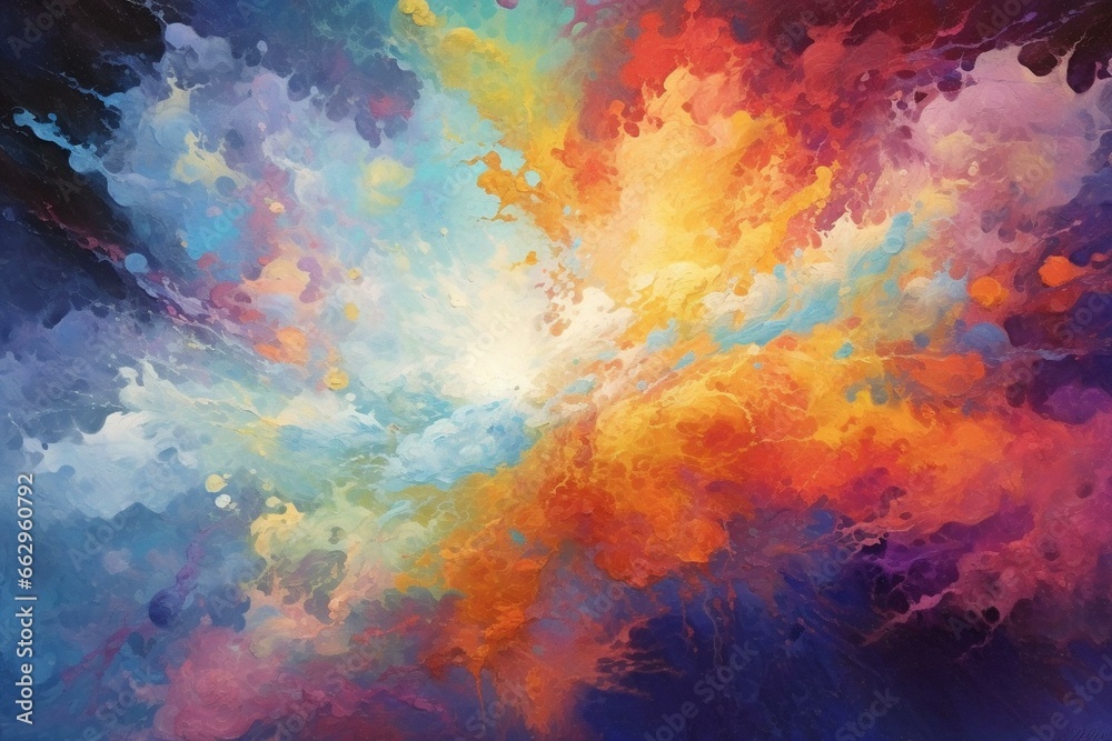 Abstract explosion of vibrant colors, sparkling celestial clouds, shimmering particles. Generative AI