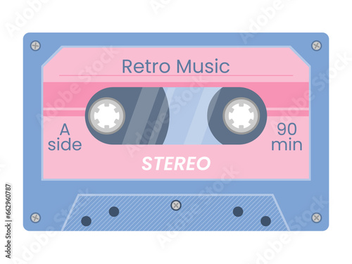 Vintage audio cassette tape. Retro mixtape of tunes and songs 1980s or 1990s. Audio equipment for analog music records. Trendy groovy pop object for poster  banner  card  cover  label  ad  stickers