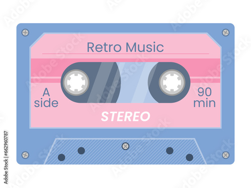 Vintage audio cassette tape. Retro mixtape of tunes and songs 1980s or 1990s. Audio equipment for analog music records. Trendy groovy pop object for poster, banner, card, cover, label, ad, stickers