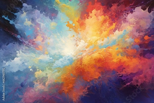 Abstract explosion of vibrant colors, sparkling celestial clouds, shimmering particles. Generative AI