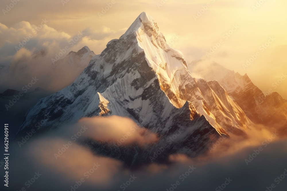 Mountain peak covered in snow with mist and fog during golden hour. Generative AI