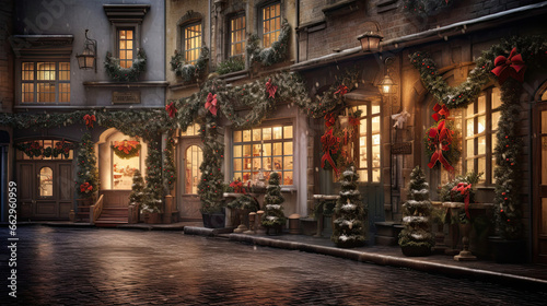 Cobblestone Street Decorated for the Holidays