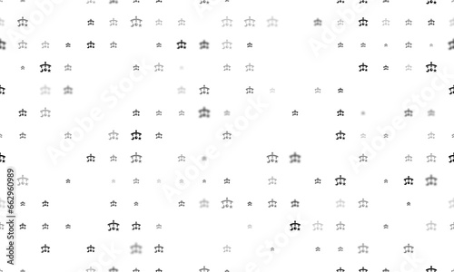 Seamless background pattern of evenly spaced black baby mobiles of different sizes and opacity. Illustration on transparent background