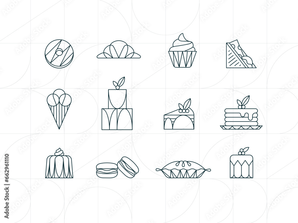 Dessert icons in art deco style donut, croissant, cupcake, sandwich, ice cream, cake, dessert, pancakes, macarons, pie jelly drawing on white background