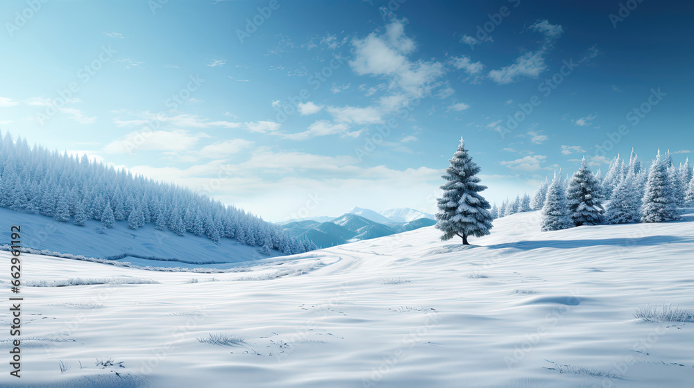 Obraz premium Solitary Fir Tree in Serene Snowy Meadow for Great Holiday-themed Wallpaper