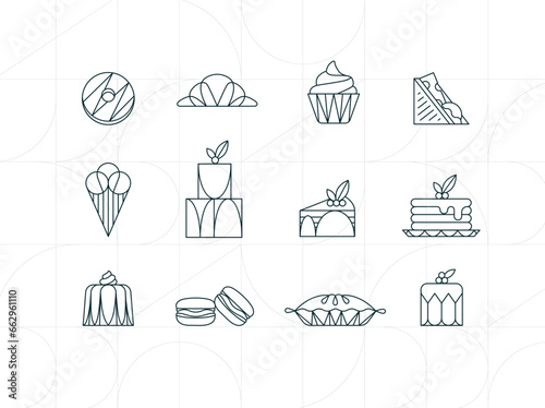 Obraz na płótnie Dessert icons in art deco style donut, croissant, cupcake, sandwich, ice cream, cake, dessert, pancakes, macarons, pie jelly drawing on white background w salonie