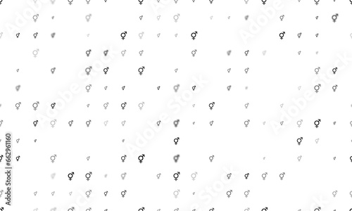 Seamless background pattern of evenly spaced black bigender symbols of different sizes and opacity. Illustration on transparent background