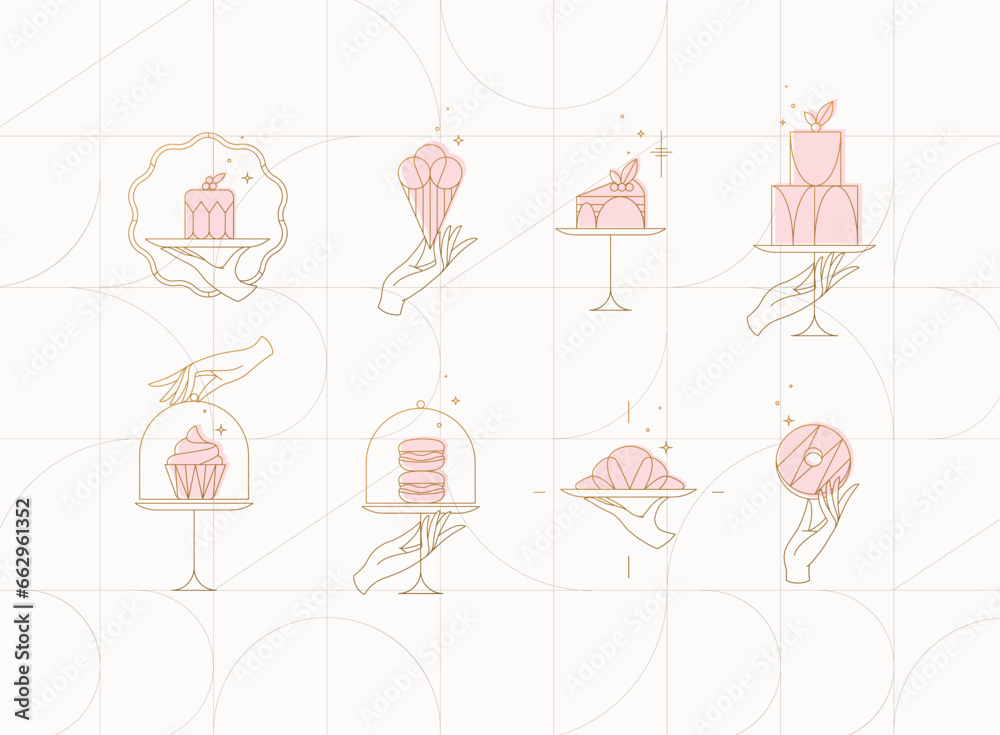 Desserts on cake stand in art deco style labels drawing on beige background