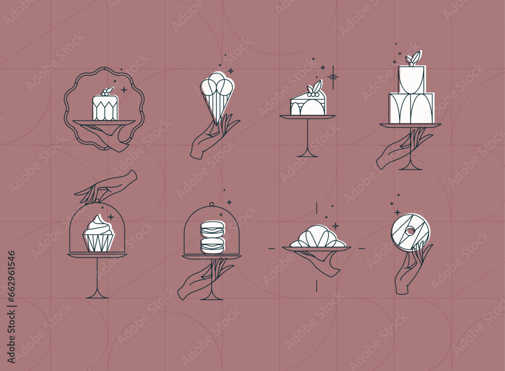 Desserts on cake stand in art deco style labels drawing on coral background