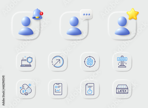 Direction, Attraction and Computer security line icons. Placeholder with 3d star, reminder bell, chat. Pack of Report document, Folate vitamin, Latex mattress icon. Vector