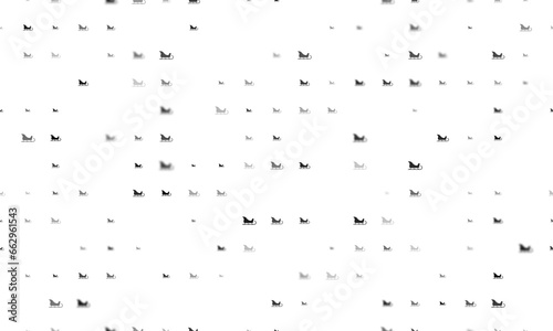 Seamless background pattern of evenly spaced black sleigh symbols of different sizes and opacity. Illustration on transparent background