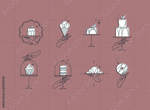 Obraz na płótnie Desserts on cake stand in art deco style labels drawing on coral background w salonie