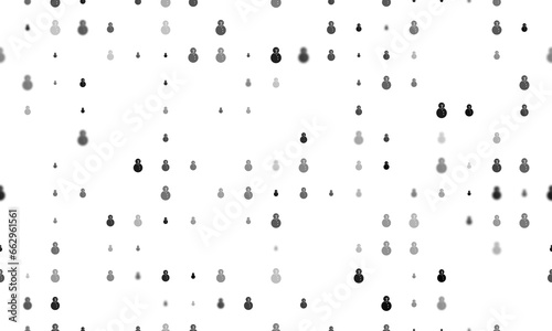 Seamless background pattern of evenly spaced black Christmas snowmans of different sizes and opacity. Illustration on transparent background