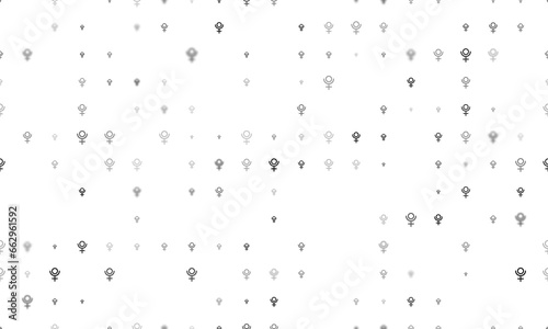 Seamless background pattern of evenly spaced black astrological pluto symbols of different sizes and opacity. Illustration on transparent background