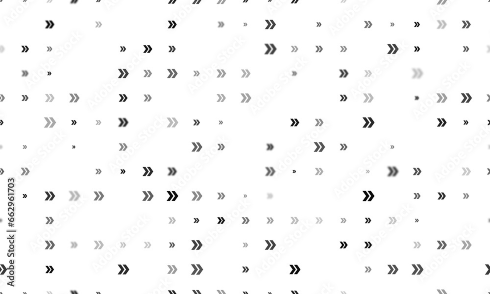 Seamless background pattern of evenly spaced black double arrow symbols of different sizes and opacity. Illustration on transparent background