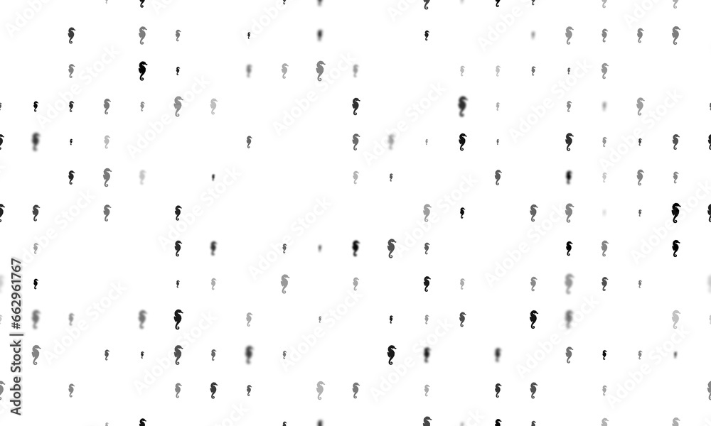 Seamless background pattern of evenly spaced black sea horse symbols of different sizes and opacity. Illustration on transparent background Seamless background pattern of evenly spaced black sea horse symbols of different sizes and opacity. Illustration on transparent background