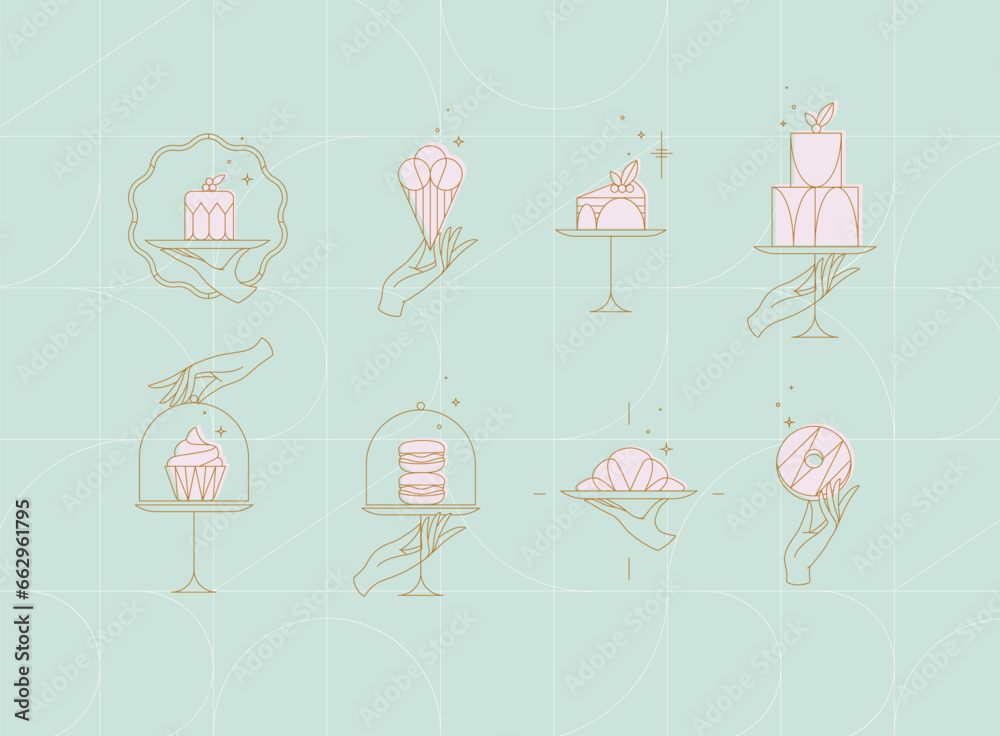 Desserts on cake stand in art deco style labels drawing on turquoise background
