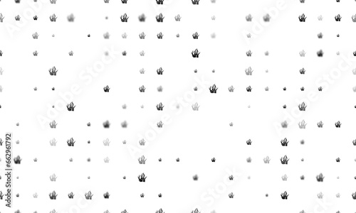 Seamless background pattern of evenly spaced black seaweed symbols of different sizes and opacity. Illustration on transparent background