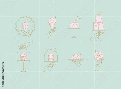Obraz na płótnie Desserts on cake stand in art deco style labels drawing on turquoise background w salonie