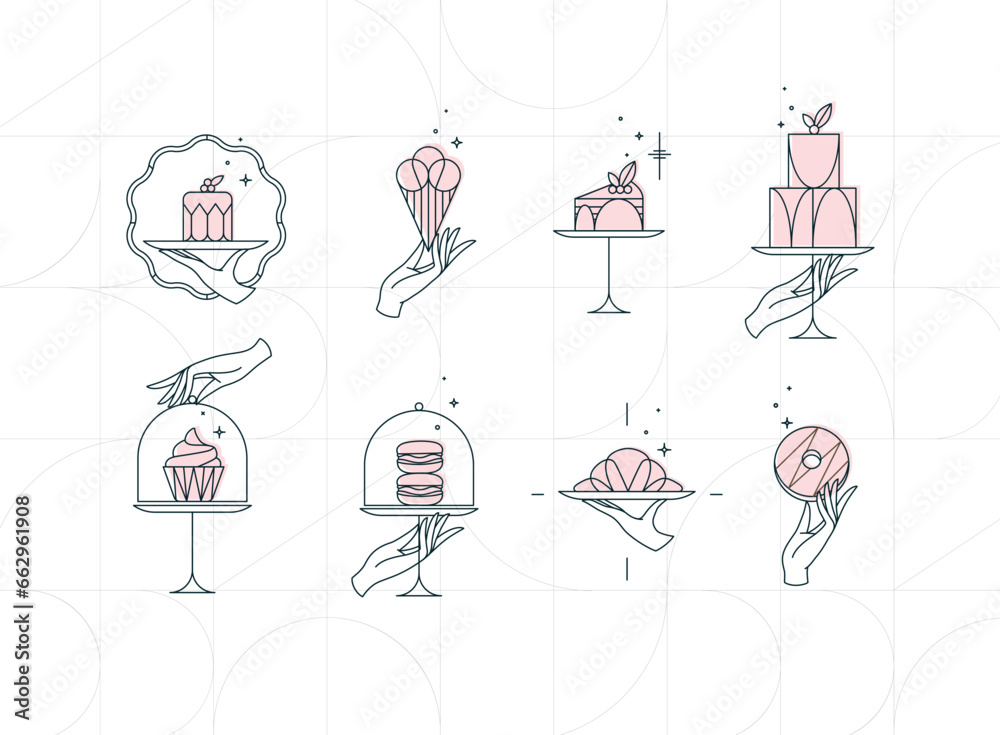 Desserts on cake stand in art deco style labels drawing on white background