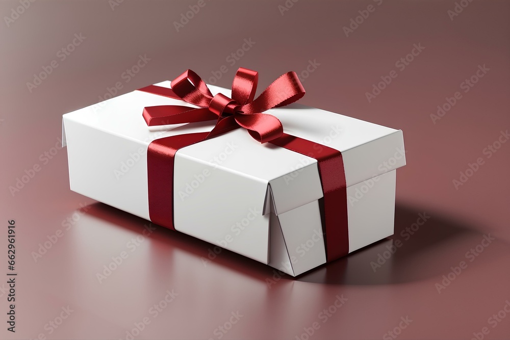 Fototapeta premium White Gift Box with Red Ribbon, Top View, Isolated on Dark Red Background Minimalist 3D Concept