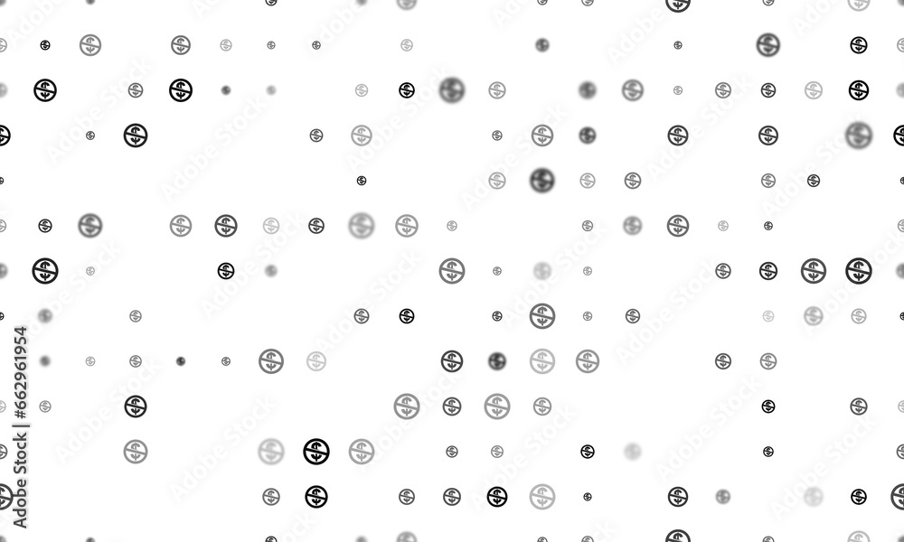 Seamless background pattern of evenly spaced black no dollar symbols of different sizes and opacity. Illustration on transparent background