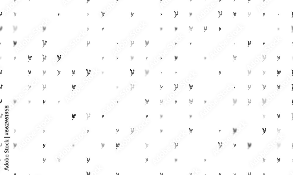 Seamless background pattern of evenly spaced black wheat symbols of different sizes and opacity. Illustration on transparent background