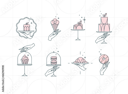 Obraz na płótnie Desserts on cake stand in art deco style labels drawing on white background w salonie
